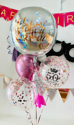 Imagen de Orbz 22” Plata + 2 globos confeti + 1 globos chrome malva + frase pre diseñada
