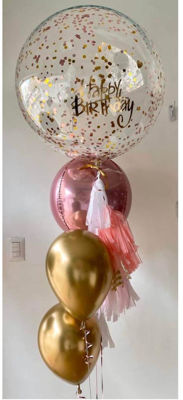 Imagen de Bouquet melocotón 1 burbuja gigante + confeti dorado y rosa + 1 Orbz 22” rosa bajito + 2 chrome dorado + frase pre diseñada dorada