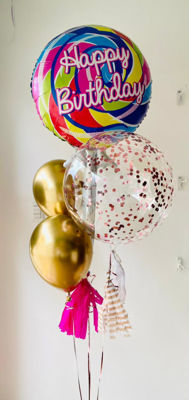 Imagen de Bouquet LOLLY POP: Burbuja gigante 24" +  1 Globo Llolypop Metalico 28" +  + 2 Globos Chrome Dorado + Confeti Rosa Bebé