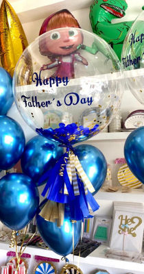 Imagen de Bouquet Marina:  1 Burbuja 24" + Confeti azul y dorado + 2 Chrome Azul + Frase prediseñada azul + Guirnalda de papel
